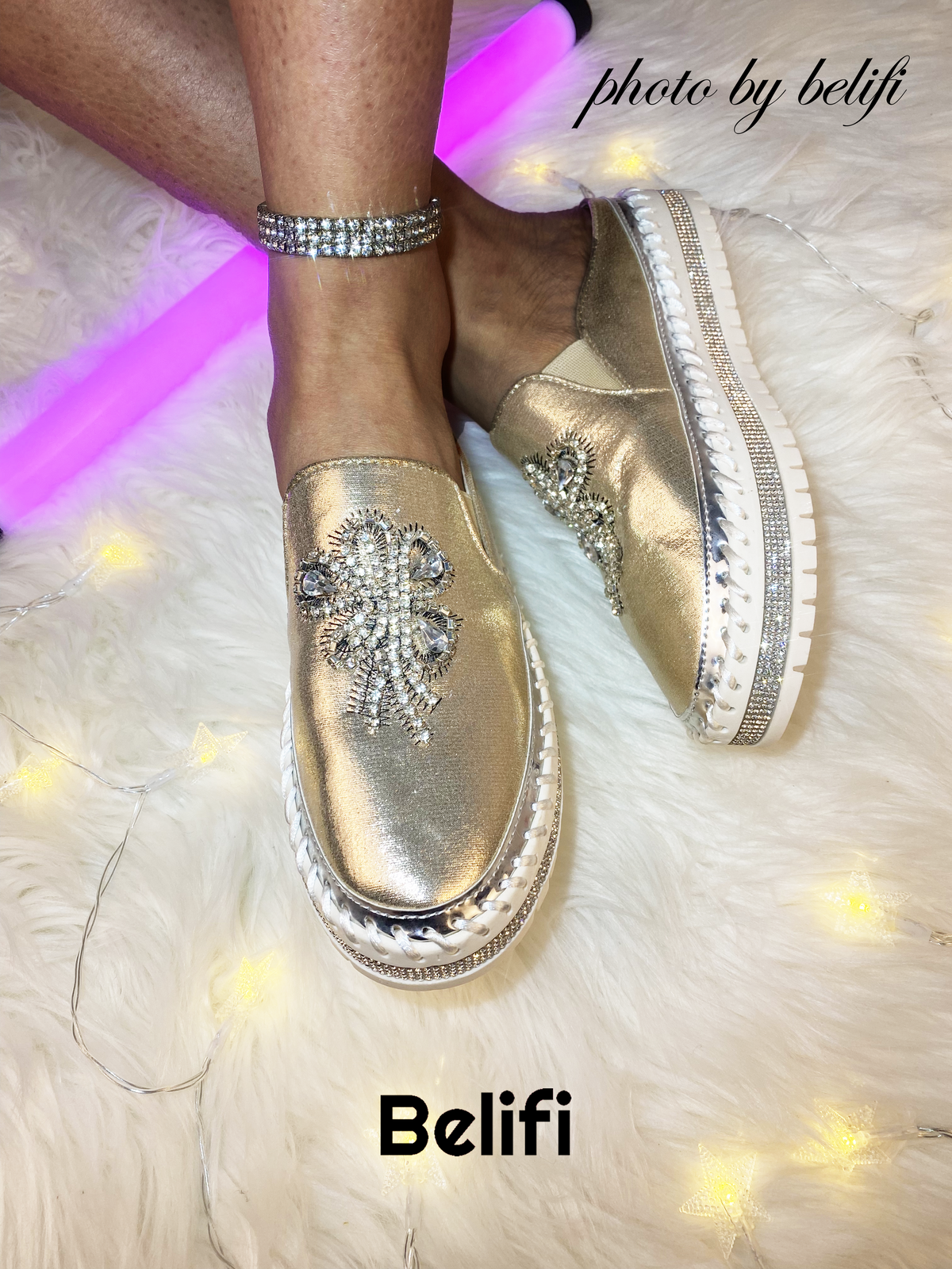 Belifi Enchanted Elegance: Women's Sparkling Rhinestone Embroidered Platform Slippers in Black & Gold