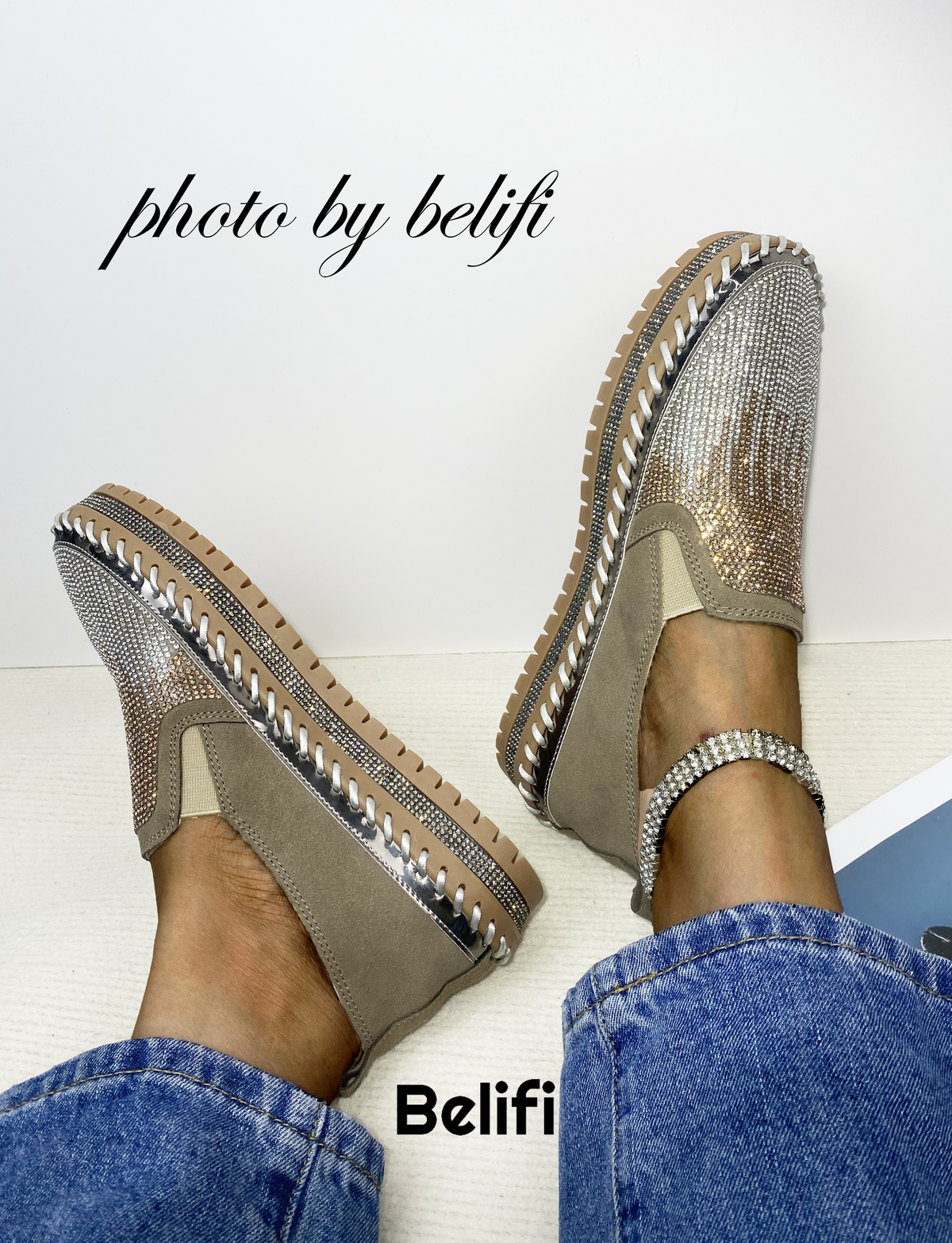 Belifi Dual Twinkle: Multi-Colored Rhinestone-Studded Slip-On Shoes