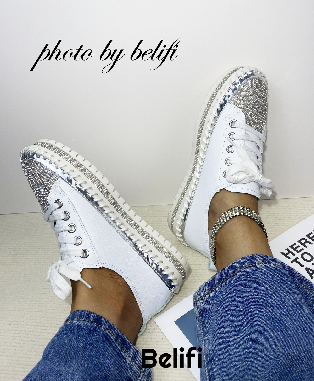 Belifi Diamond Walk: Leather Rhinestone-Encrusted Lace-Up Shoes