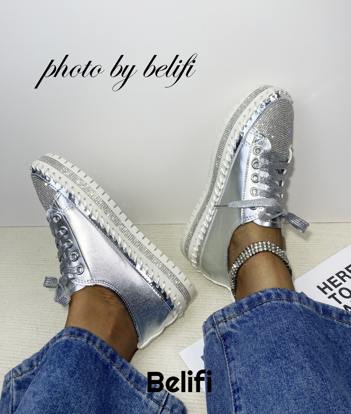 Belifi Diamond Walk: Leather Rhinestone-Encrusted Lace-Up Shoes