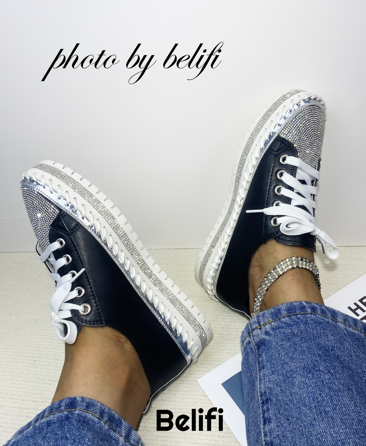 Belifi Diamond Walk: Leather Rhinestone-Encrusted Lace-Up Shoes