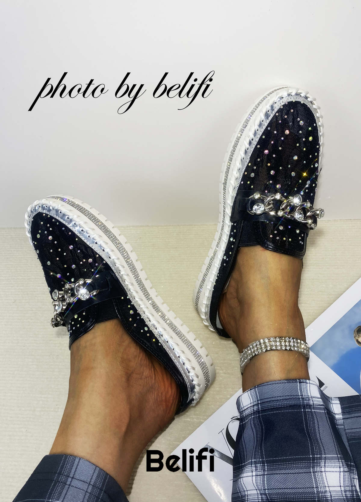 Belifi Rainbow Brilliance: Translucent Rhinestone-Embellished Slide Slippers