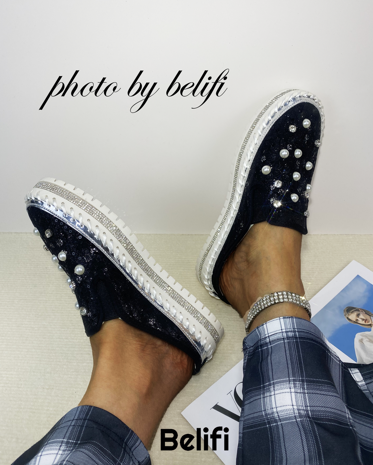 Belifi Pearl Glimmer: Silk and Rhinestone-Embellished Slide Slippers
