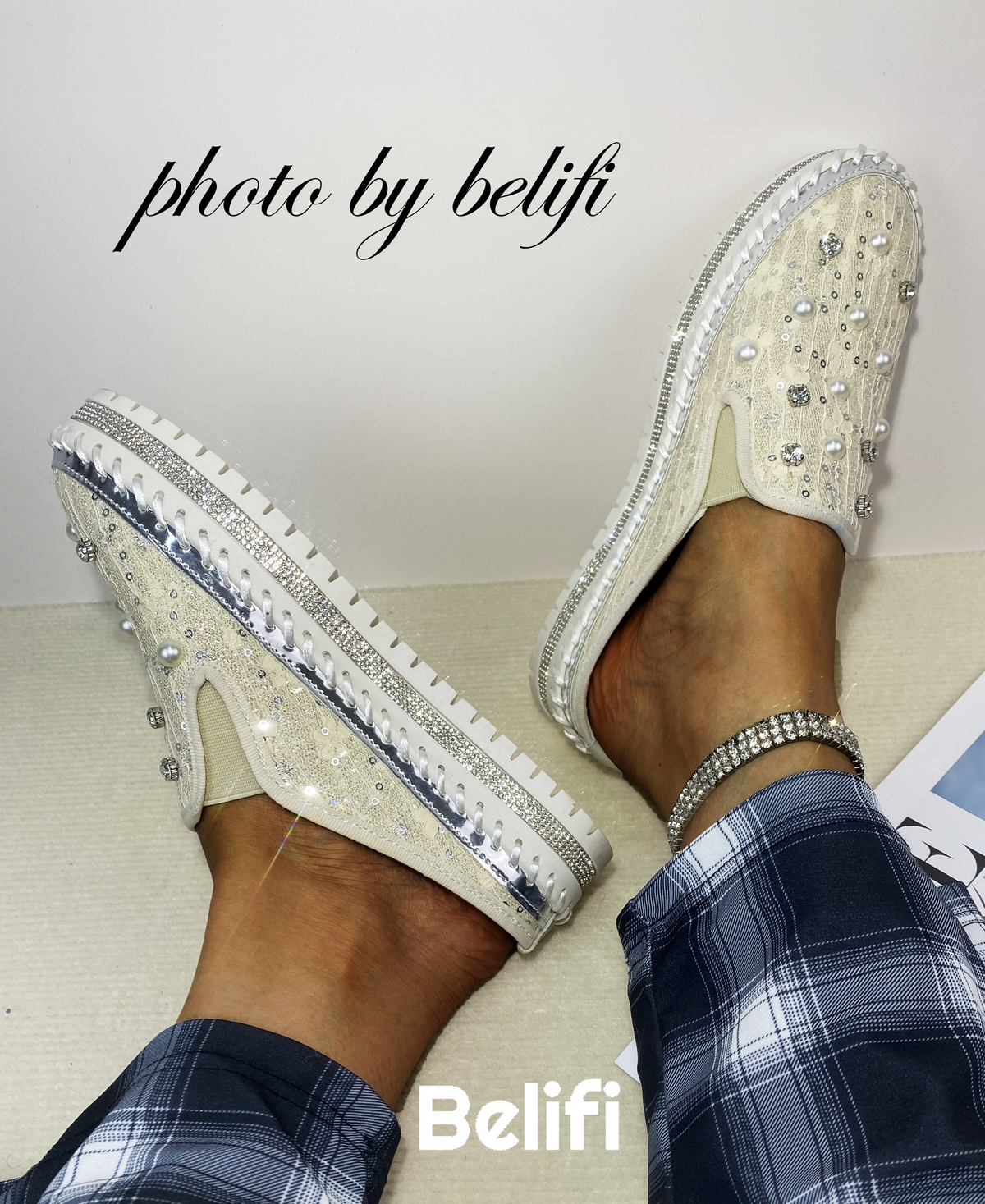 Belifi Pearl Glimmer: Silk and Rhinestone-Embellished Slide Slippers