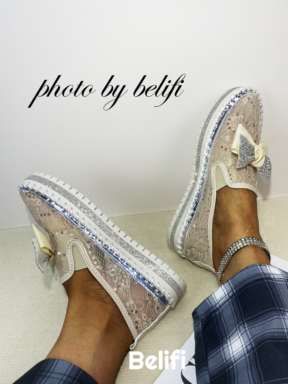 Belifi Dazzling Bow: Rhinestone-Adorned Translucent Slip-On Shoes