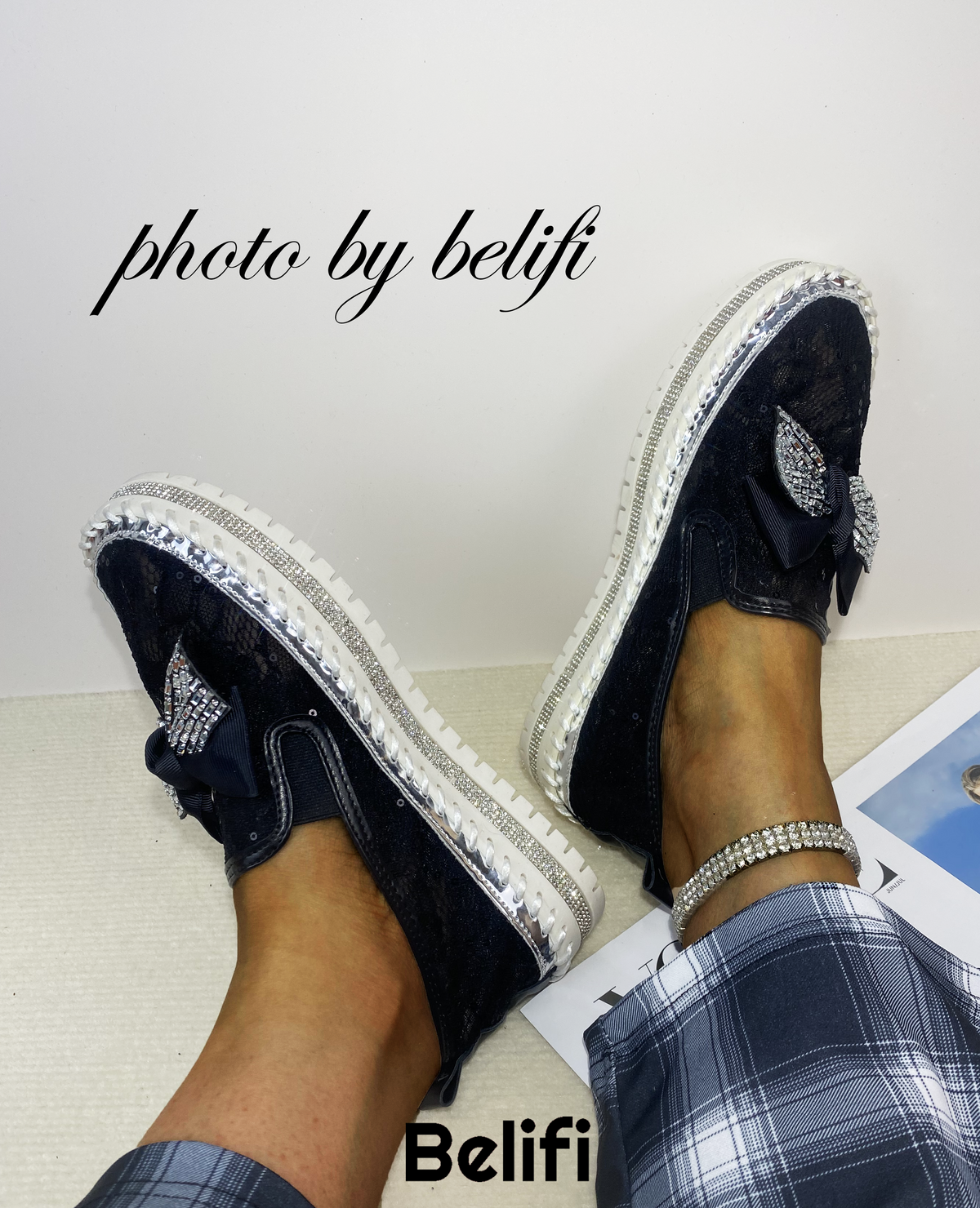 Belifi Dazzling Bow: Rhinestone-Adorned Translucent Slip-On Shoes