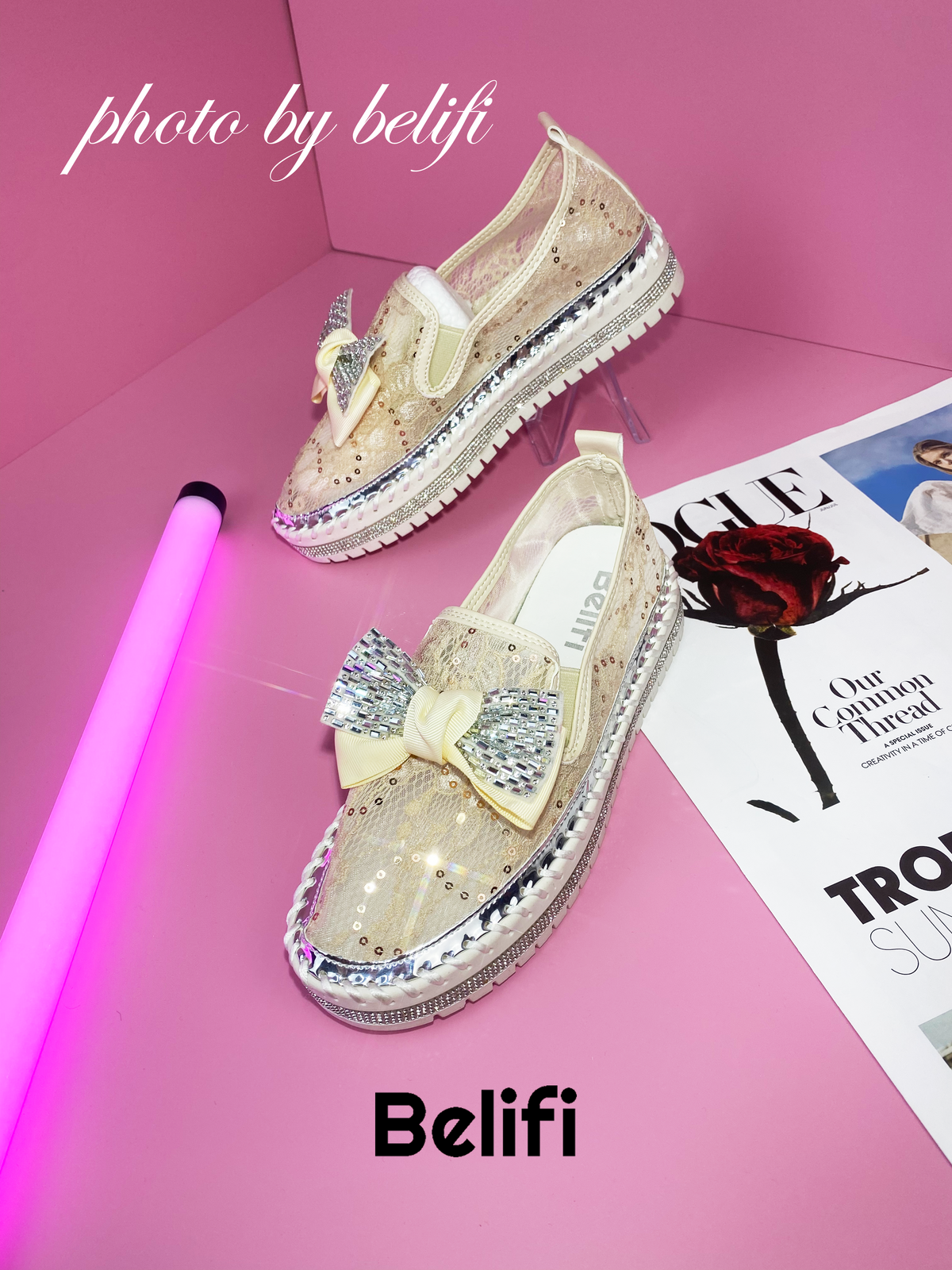 Belifi Dazzling Bow: Rhinestone-Adorned Translucent Slip-On Shoes