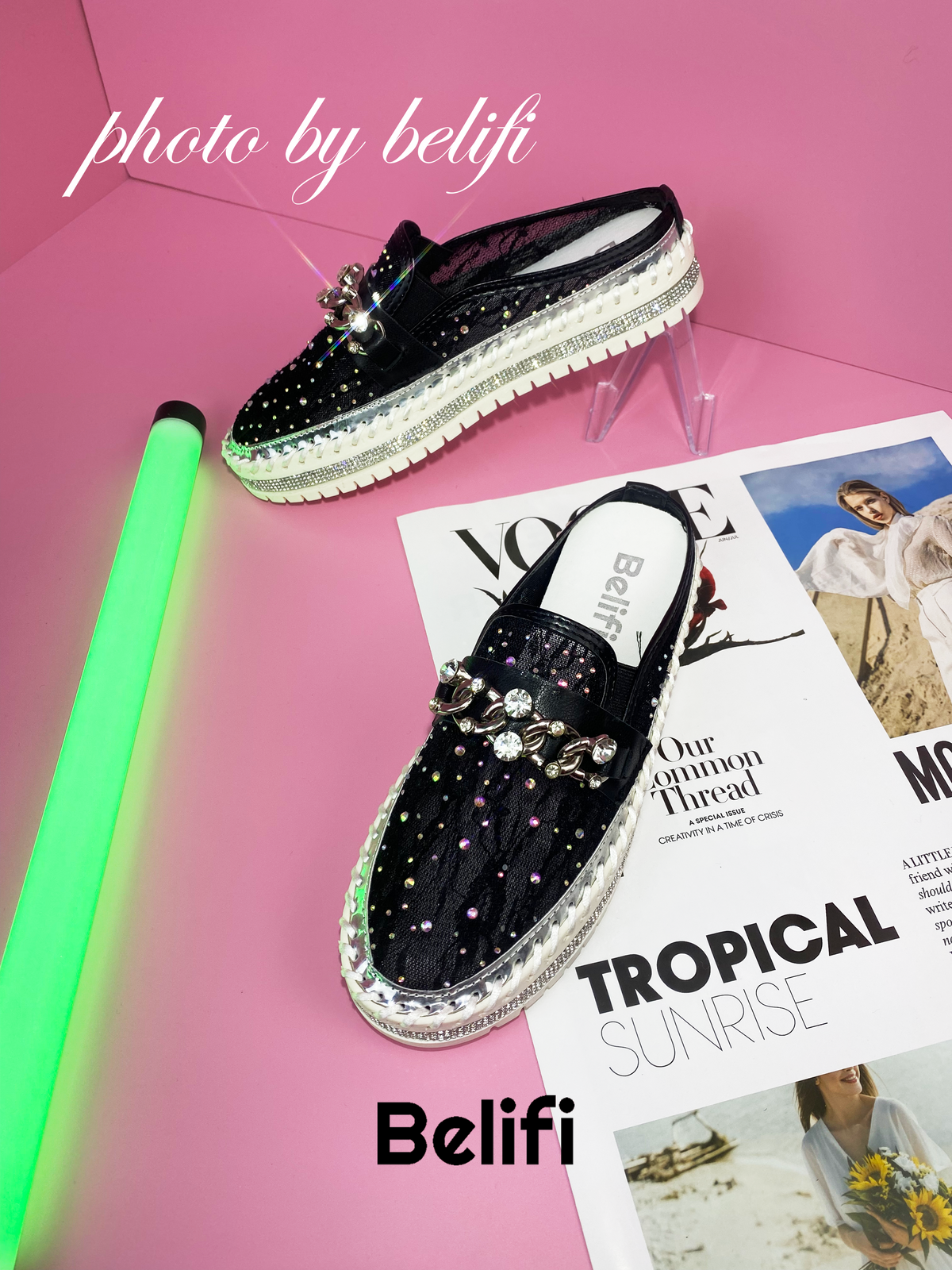 Belifi Rainbow Brilliance: Translucent Rhinestone-Embellished Slide Slippers
