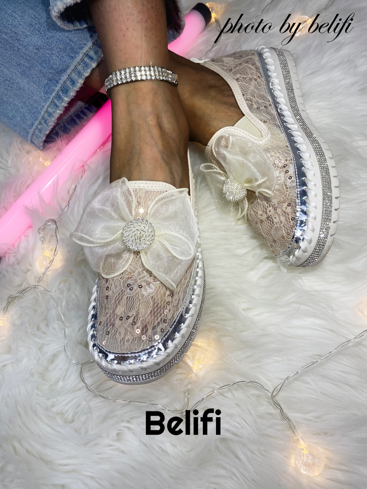 Belifi Sunflower Silk: Rhinestone-Bow Adorned Slip-On Shoes