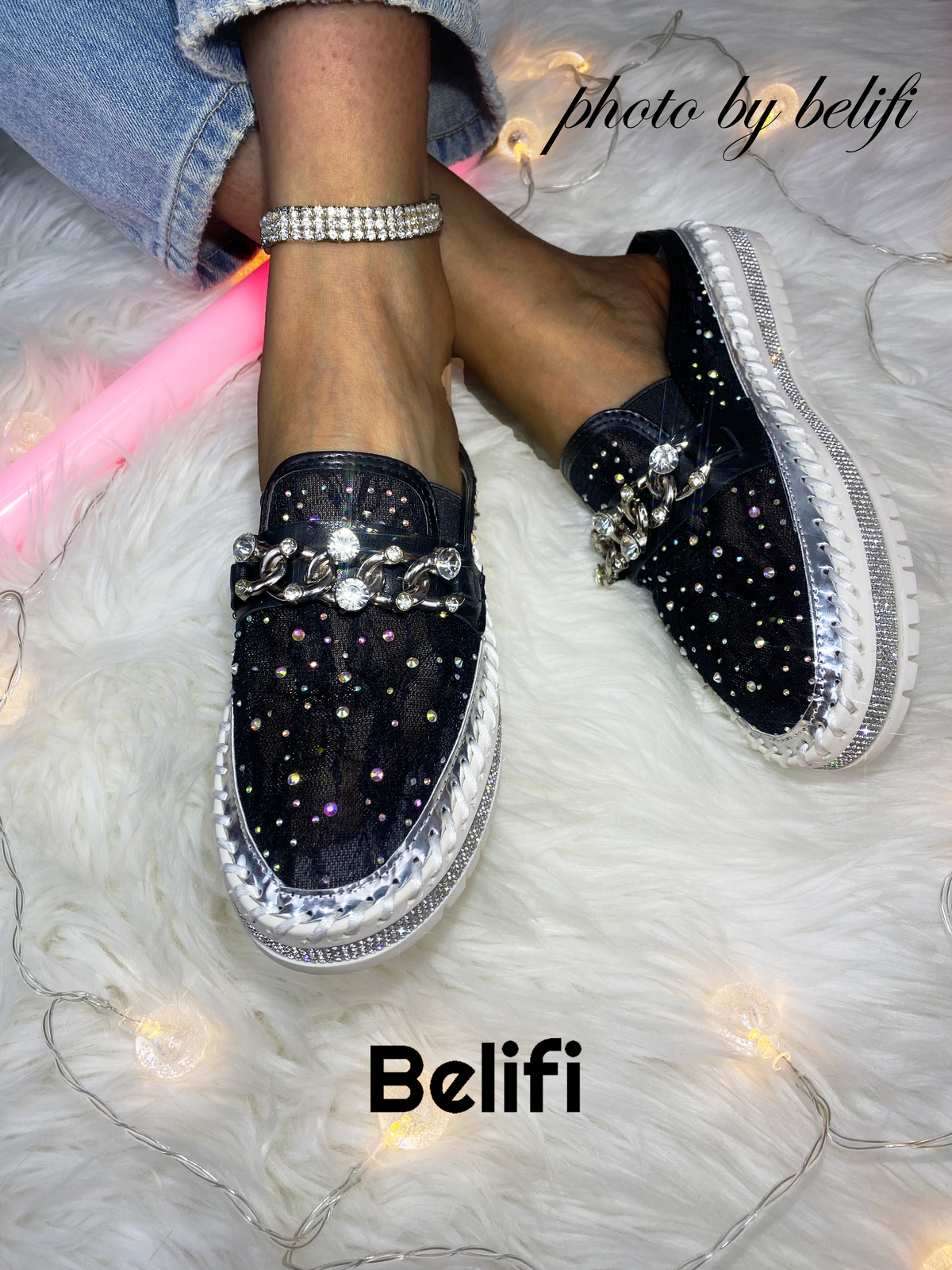 Belifi Rainbow Brilliance: Translucent Rhinestone-Embellished Slide Slippers