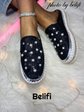 Belifi Pearl Glimmer: Silk and Rhinestone-Embellished Slide Slippers