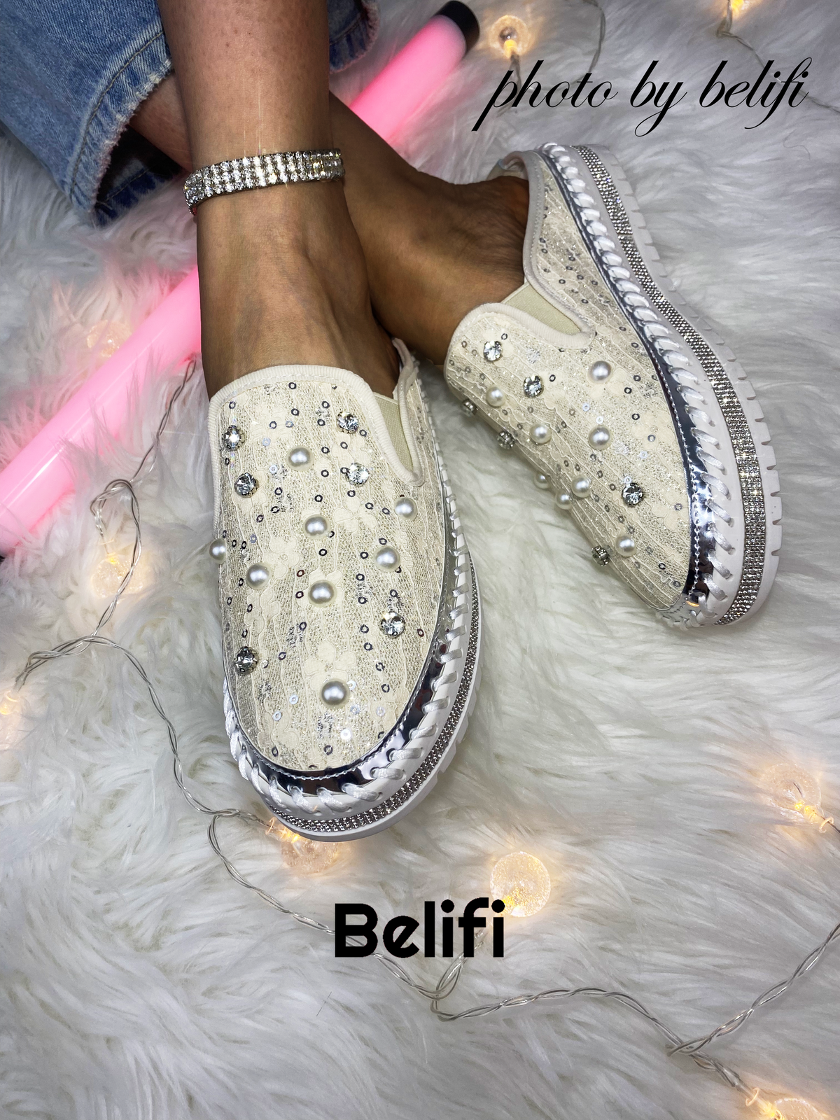 Belifi Pearl Glimmer: Silk and Rhinestone-Embellished Slide Slippers