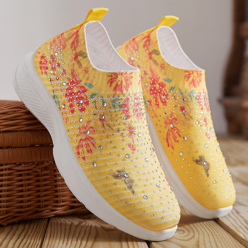 women's stylish trendy flyknit shoes with colorful rhinestones