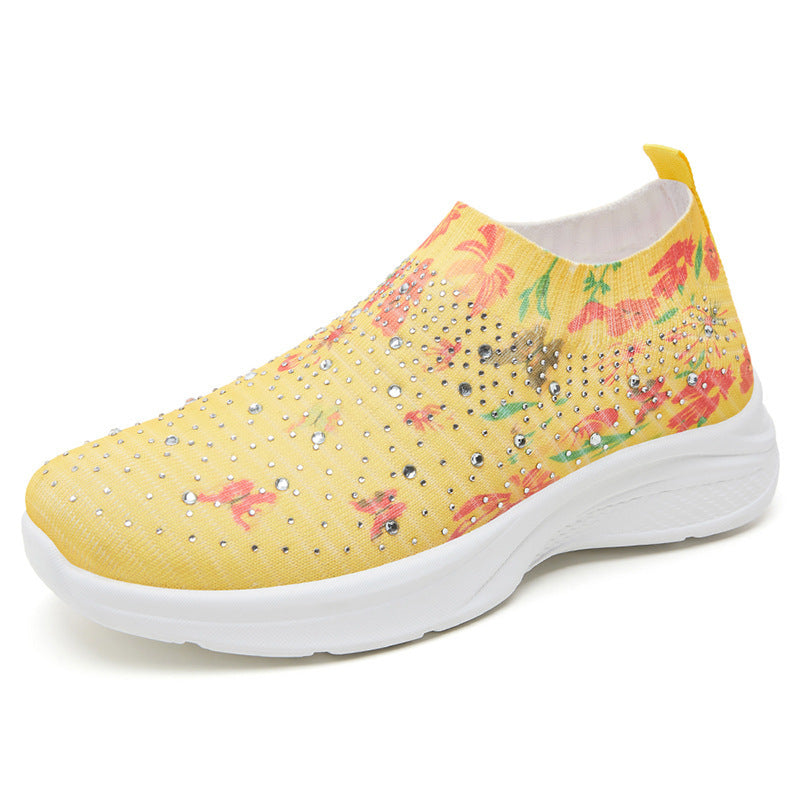 women's stylish trendy flyknit shoes with colorful rhinestones