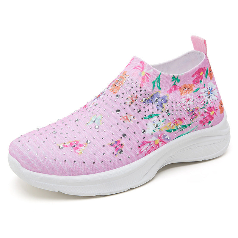 women's stylish trendy flyknit shoes with colorful rhinestones