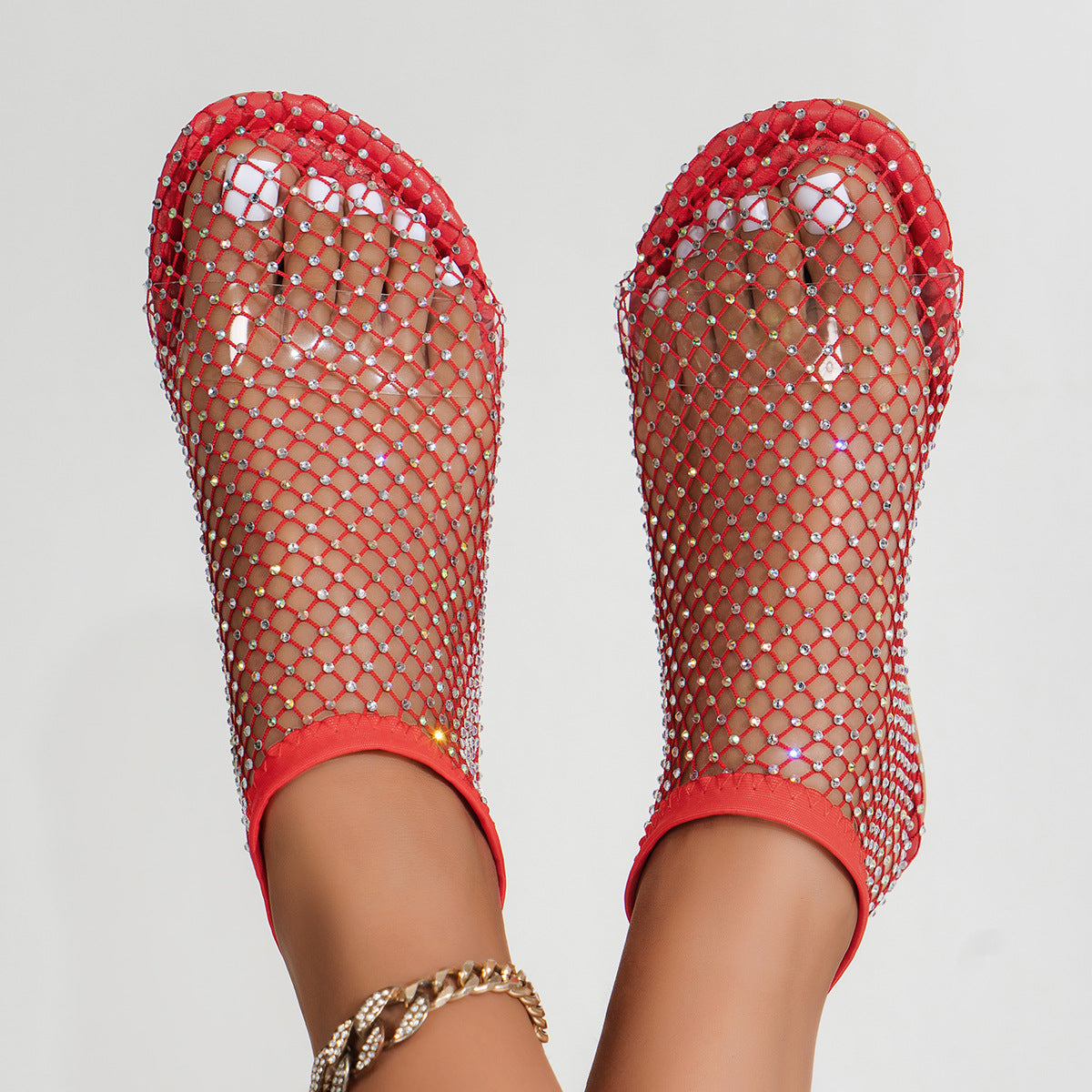 Belifi Fish Mouth Sandals Stretch Fishnet Stockings Hollow Short