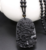 Natural Black Obsidian Dragon Necklace - Protection, Luck, Success