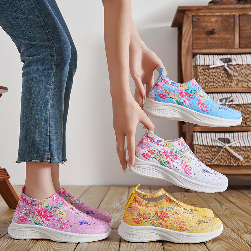 women's stylish trendy flyknit shoes with colorful rhinestones