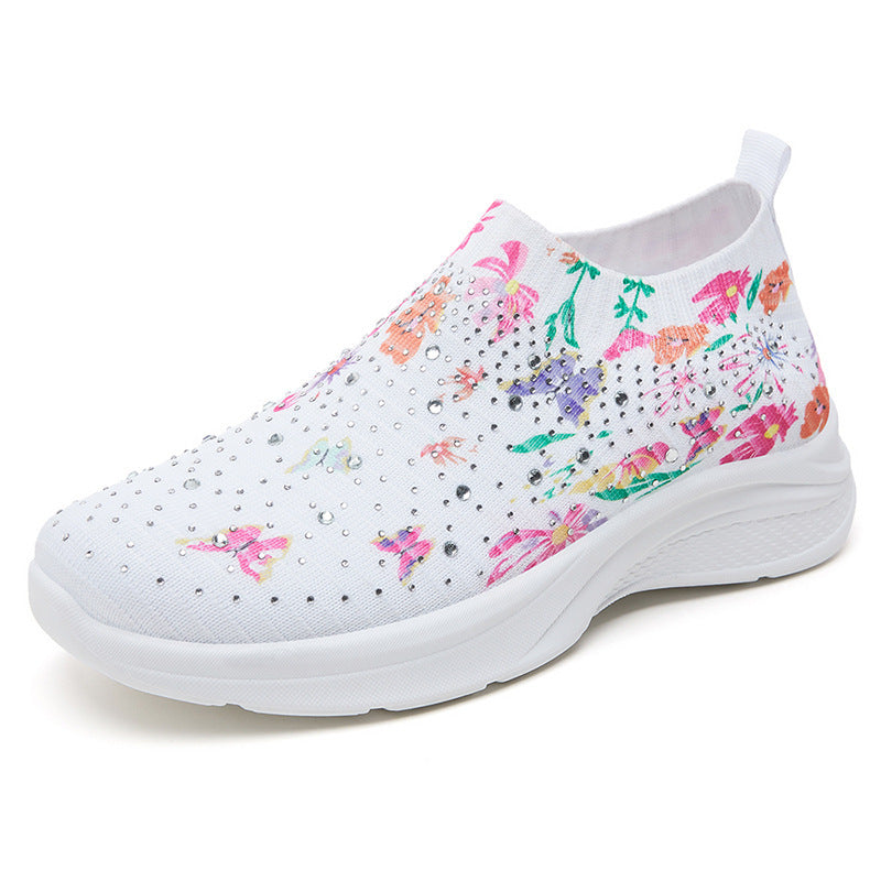 women's stylish trendy flyknit shoes with colorful rhinestones