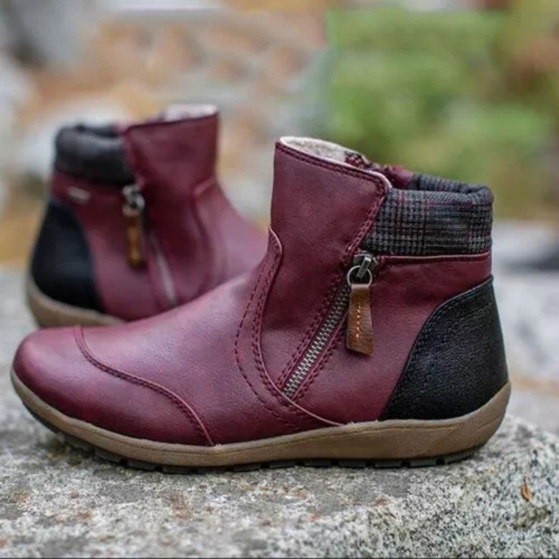 Belifi Winter Fashion Leather Patchwork Flat Zipper Martin Boots