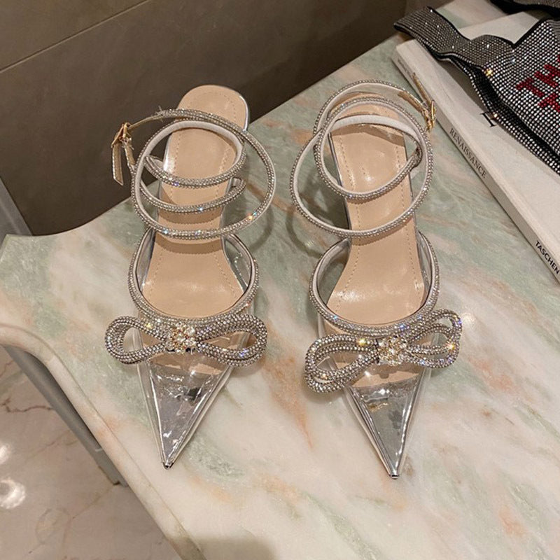 Belifi Rhinestone Bow Pointed Toe Stiletto Sandals