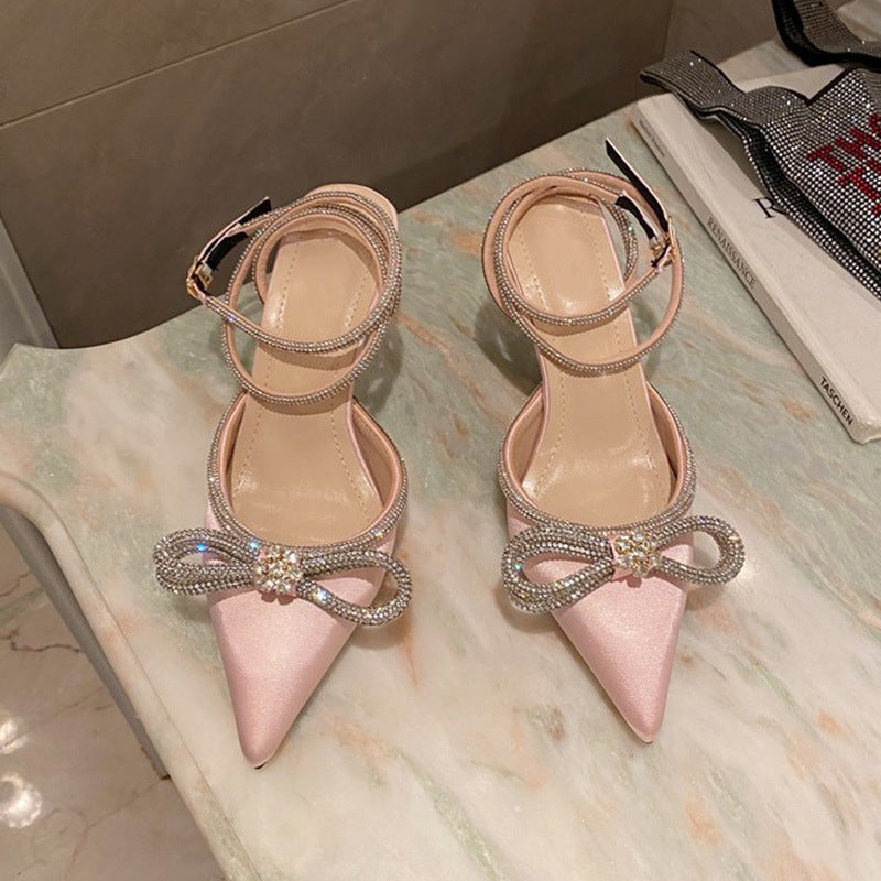 Belifi Rhinestone Bow Pointed Toe Stiletto Sandals