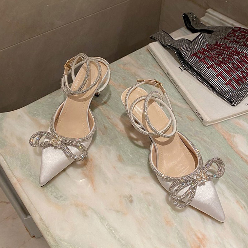 Belifi Rhinestone Bow Pointed Toe Stiletto Sandals