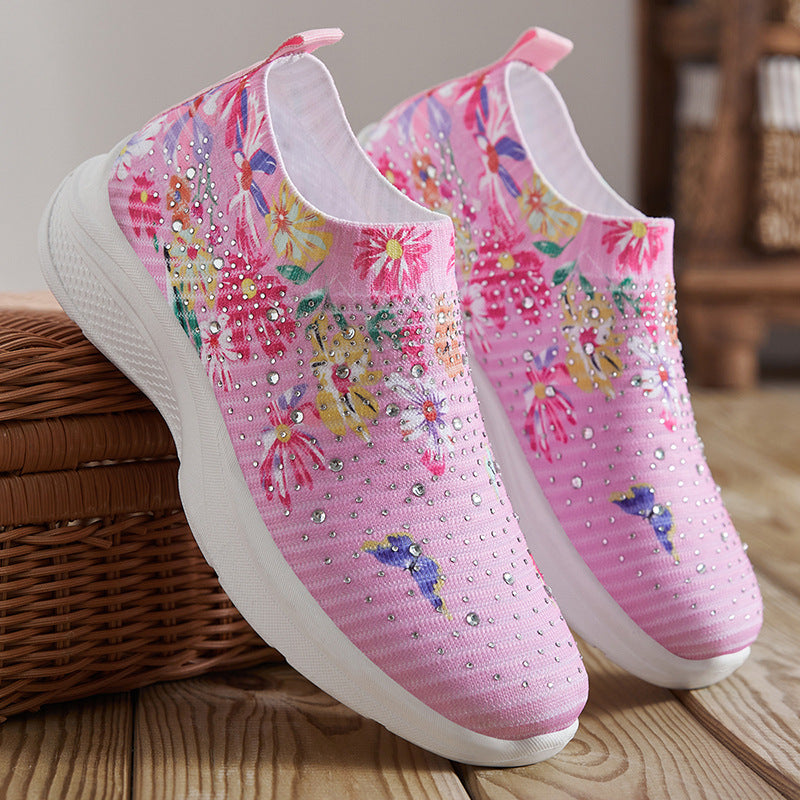 women's stylish trendy flyknit shoes with colorful rhinestones