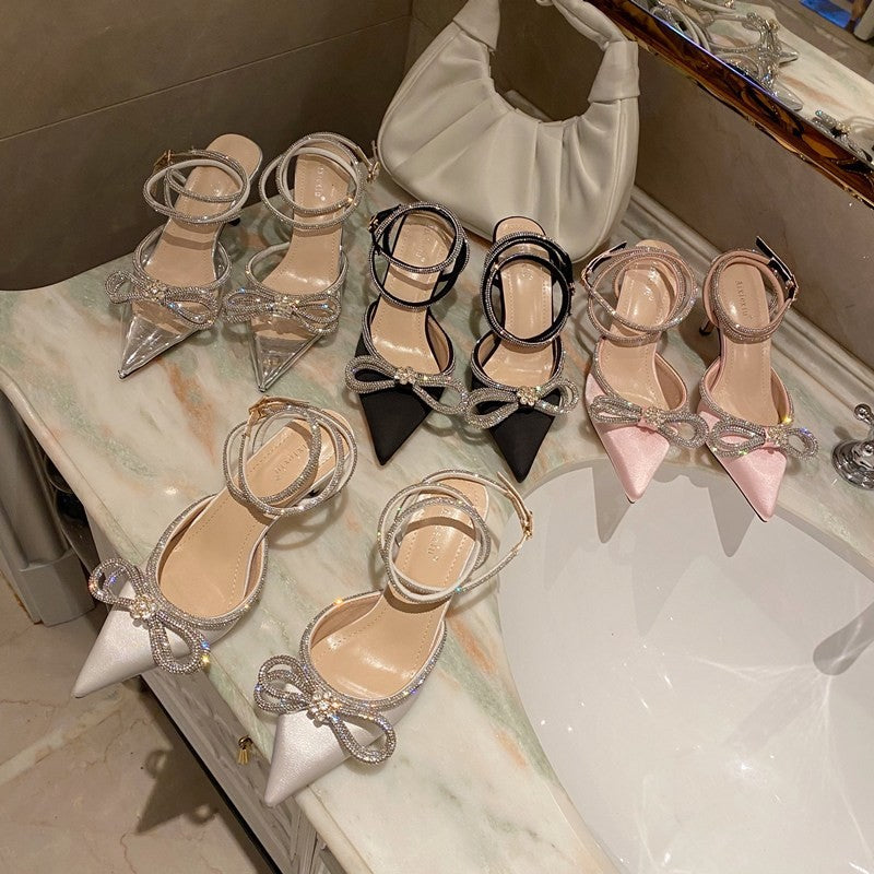 Belifi Rhinestone Bow Pointed Toe Stiletto Sandals