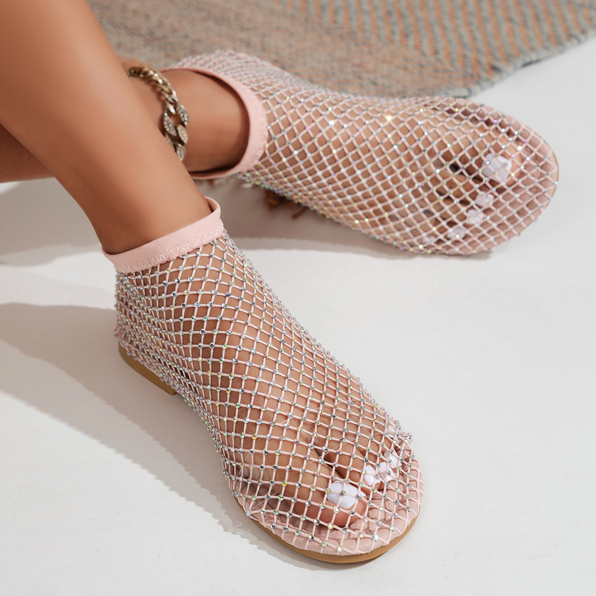 Belifi Fish Mouth Sandals Stretch Fishnet Stockings Hollow Short