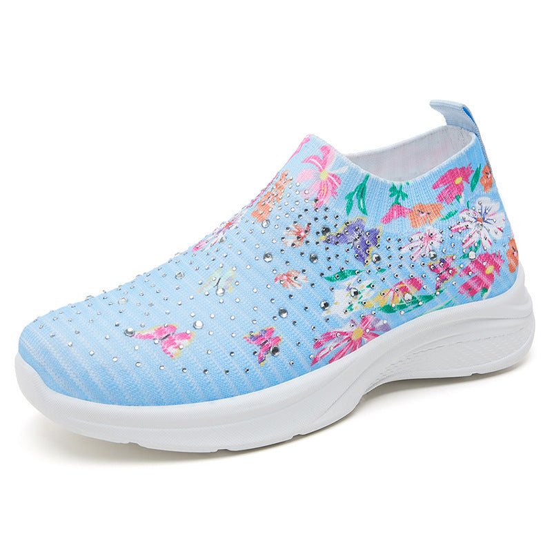 women's stylish trendy flyknit shoes with colorful rhinestones