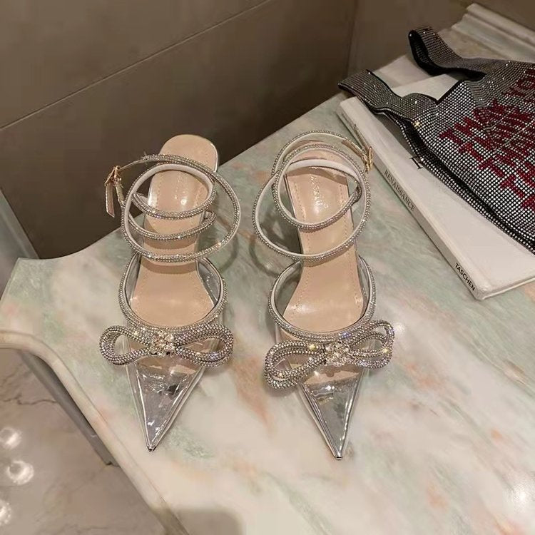 Belifi Fashion Pointed Toe Rhinestone Bow Lace-Up Stiletto Heels