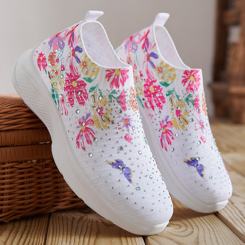 women's stylish trendy flyknit shoes with colorful rhinestones