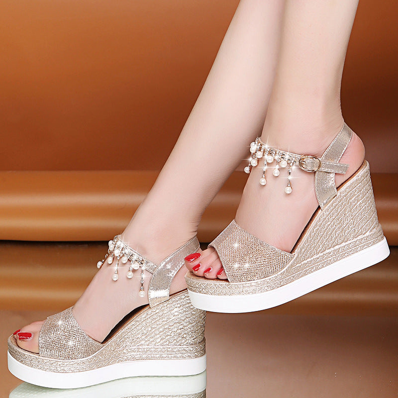 Belifi Slope Heel Rhinestone Thick Sole Sandals