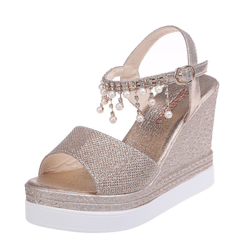 Belifi Slope Heel Rhinestone Thick Sole Sandals