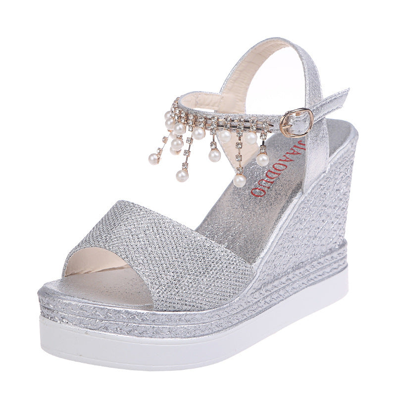 Belifi Slope Heel Rhinestone Thick Sole Sandals