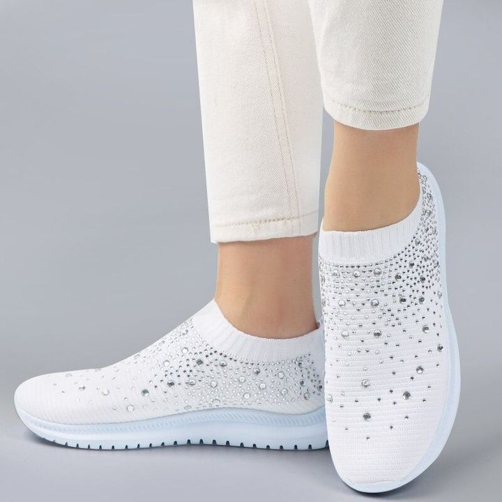 Belifi Diamond Stroll: Breathable Lace-Up Rhinestone-Encrusted Thick Soled Shoes