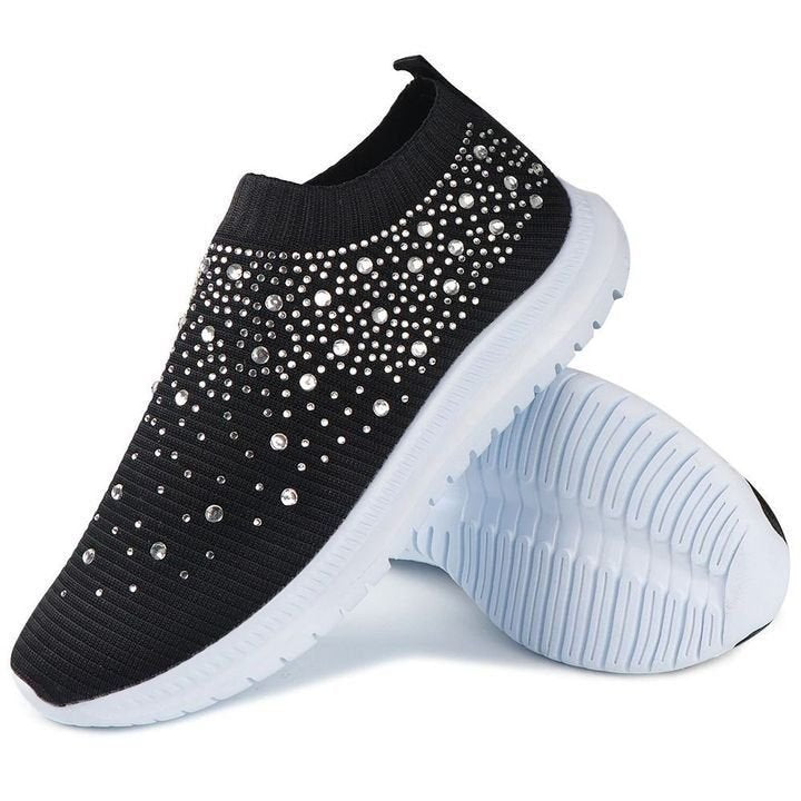 Belifi Diamond Stroll: Breathable Lace-Up Rhinestone-Encrusted Thick Soled Shoes