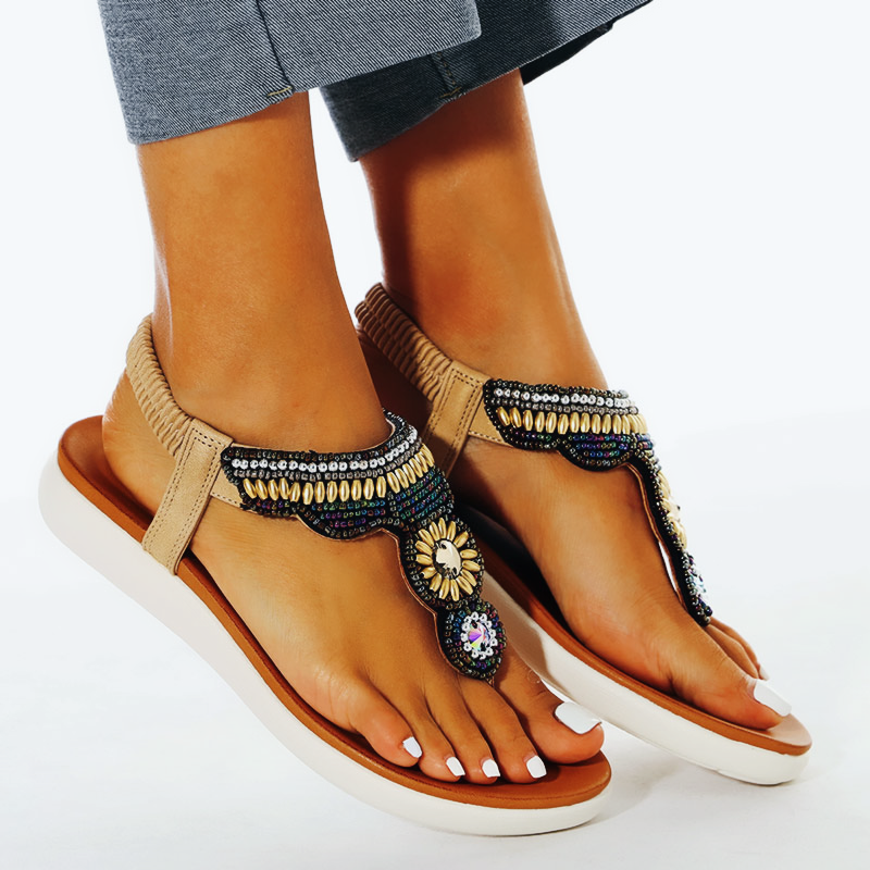 Belifi Women Bohemia Ethnic Flower Elastic Band Slip On Wedges Sandals