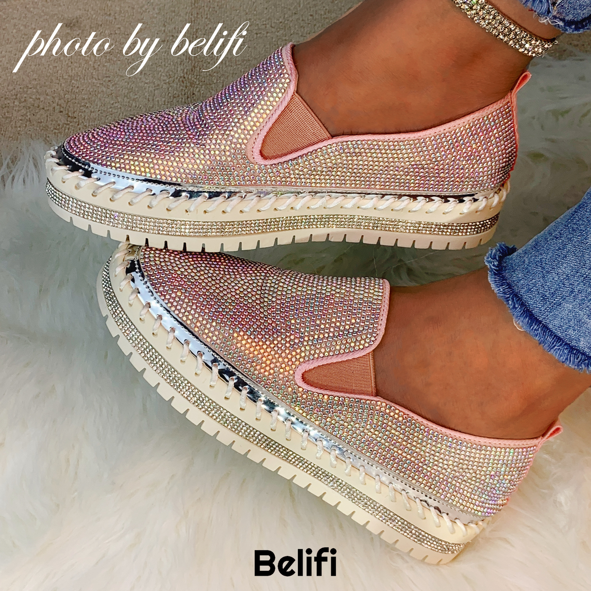 Belifi - Women Rhinestone Platform Breathable Slip-on Shoes