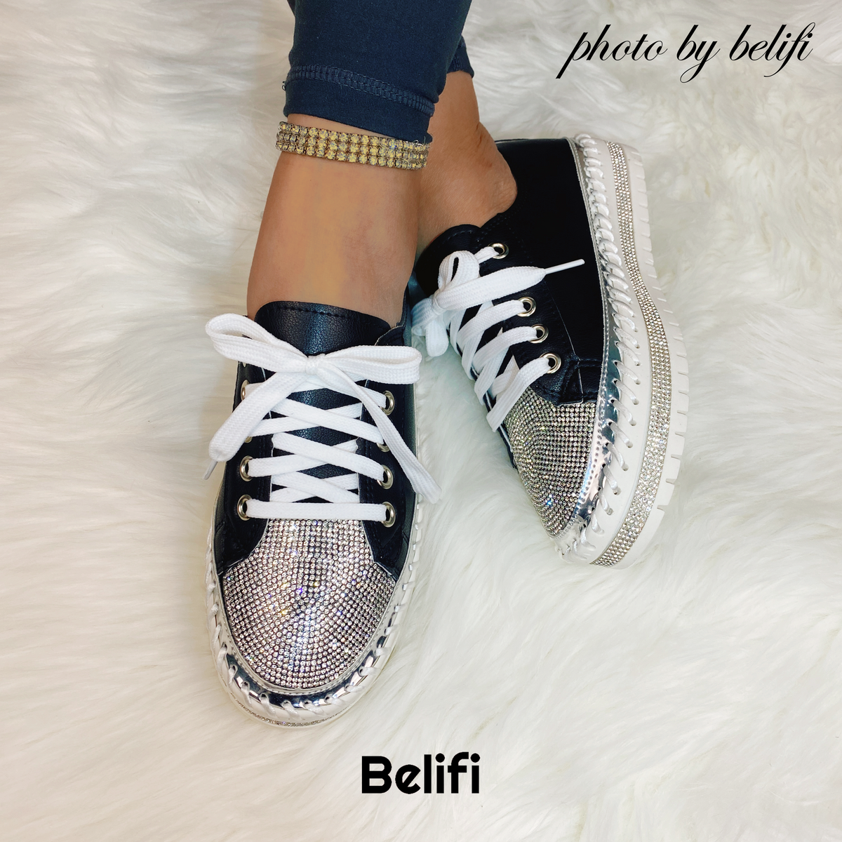 Belifi Diamond Walk: Leather Rhinestone-Encrusted Lace-Up Shoes