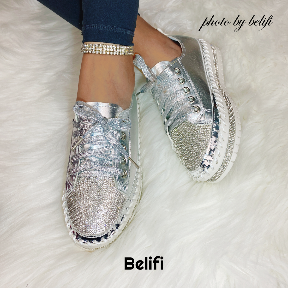 Belifi Diamond Walk: Leather Rhinestone-Encrusted Lace-Up Shoes