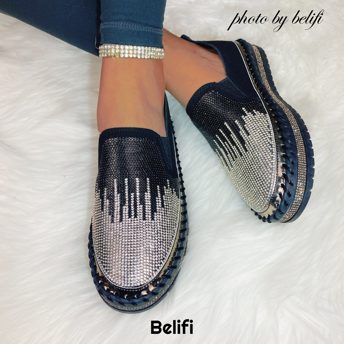 Belifi Dual Twinkle: Multi-Colored Rhinestone-Studded Slip-On Shoes