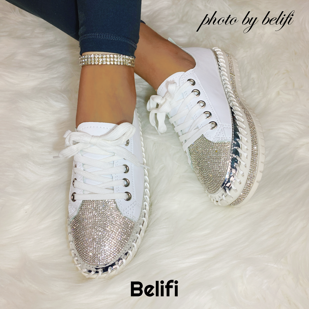 Belifi Diamond Walk: Leather Rhinestone-Encrusted Lace-Up Shoes