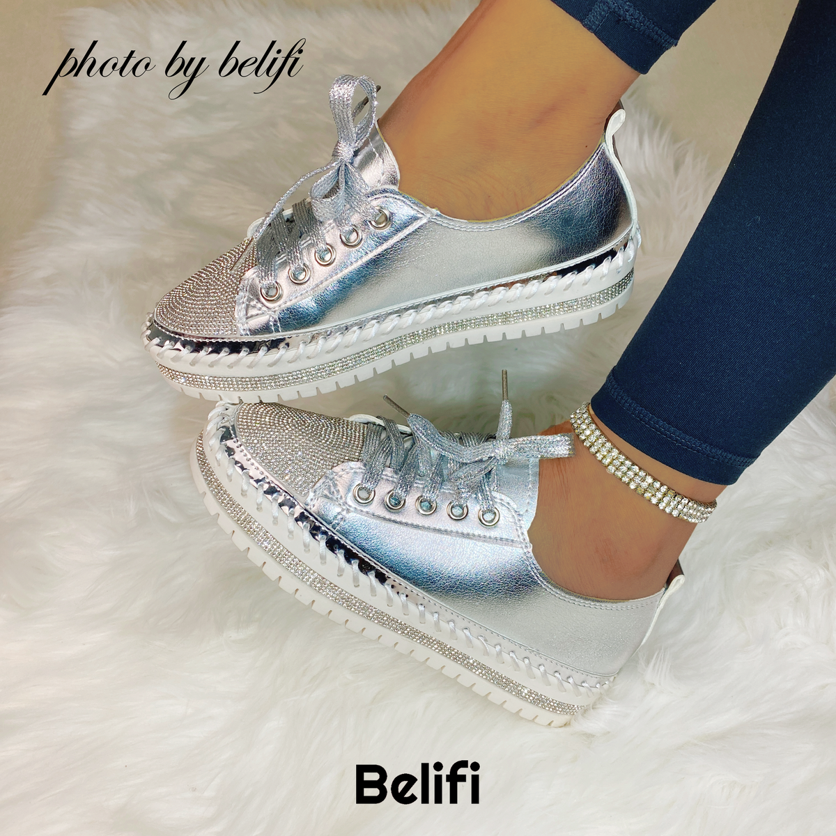 Belifi Diamond Walk: Leather Rhinestone-Encrusted Lace-Up Shoes