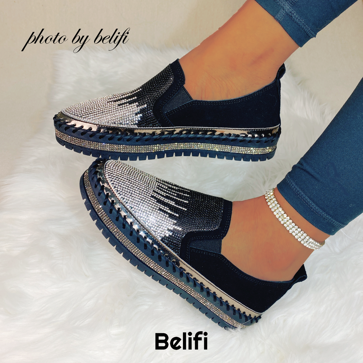 Belifi Dual Twinkle: Multi-Colored Rhinestone-Studded Slip-On Shoes