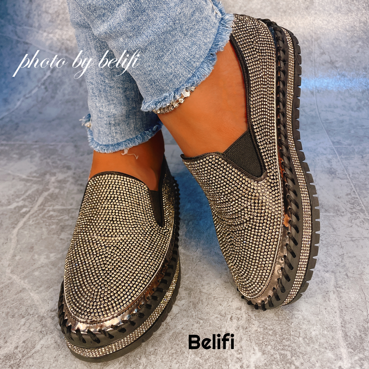 Belifi - Women Rhinestone Platform Breathable Slip-on Shoes