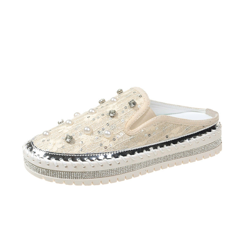 Belifi Pearl Glimmer: Silk and Rhinestone-Embellished Slide Slippers