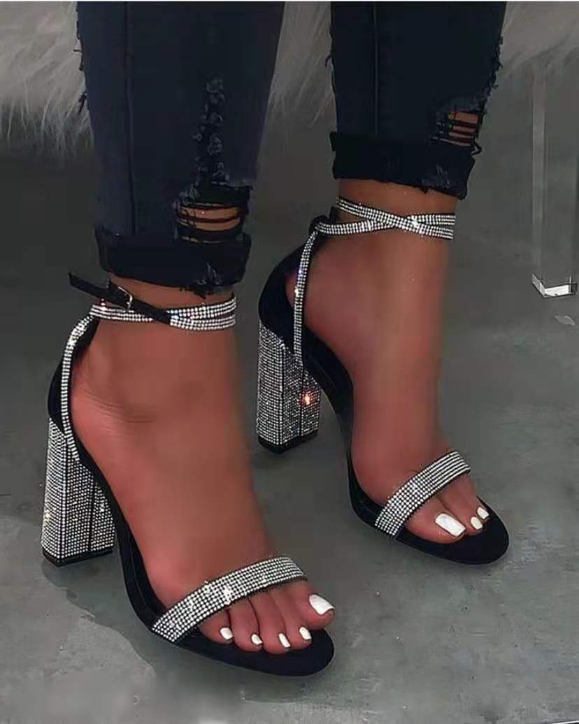 Belifi Rhinestone Thick Heel Ankle Strap Sandals