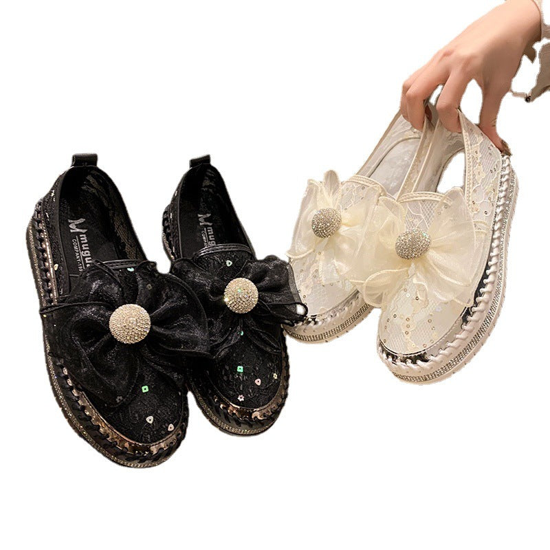 Belifi Sunflower Silk: Rhinestone-Bow Adorned Slip-On Shoes